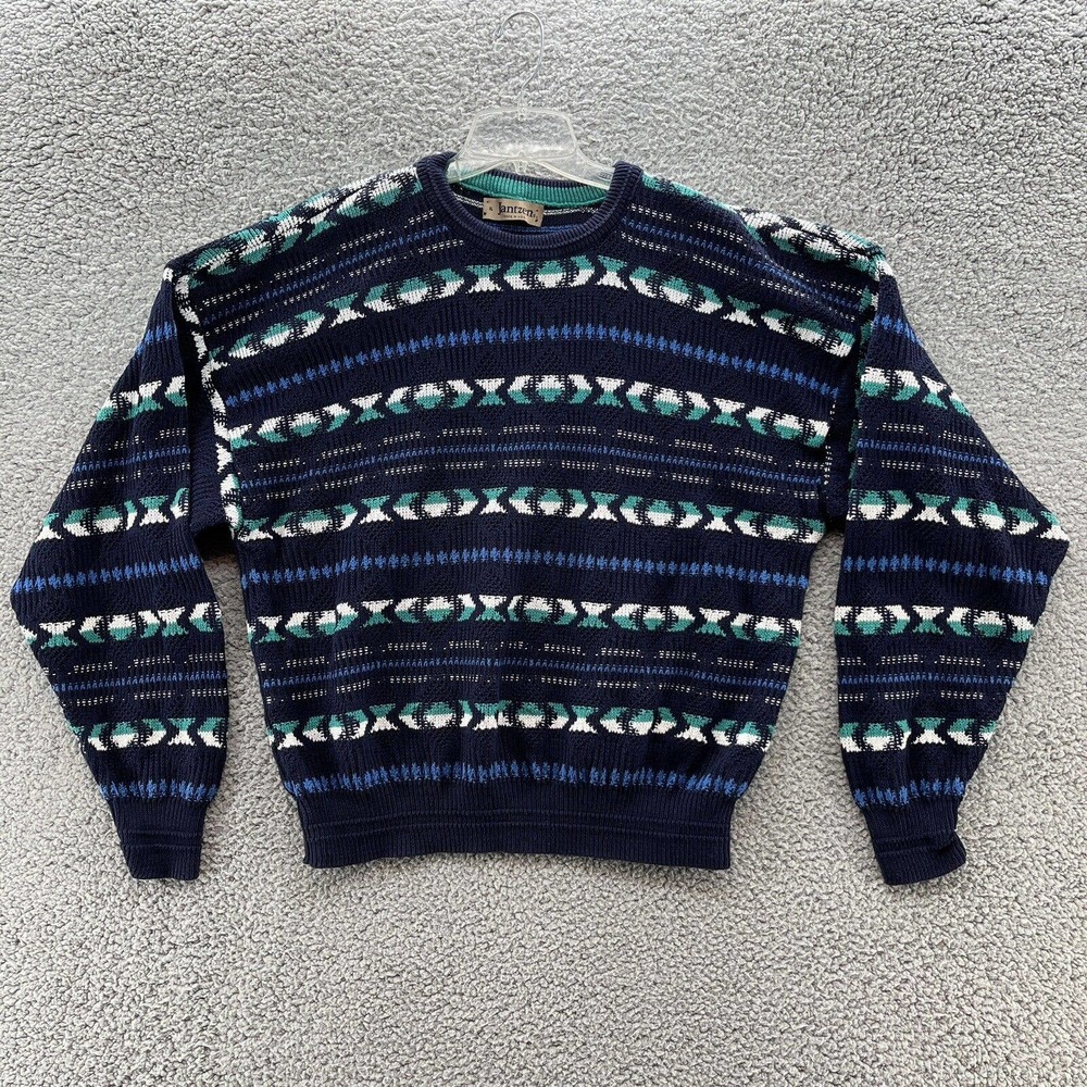 Vintage Jantzen Sweater‎ Geometric Stripe Print Crew Pullover 80s 90s USA